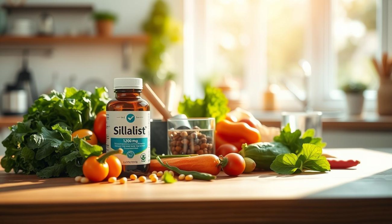 A calm, sunlit kitchen with a wooden table, showcasing a variety of fresh, organic produce and a bottle of "Vrije Apotheker" Sildalist 120mg. The scene conveys a sense of health, wellness, and a balanced lifestyle. Soft, natural lighting illuminates the ingredients, including leafy greens, vibrant vegetables, and a glass of water, creating a serene and inviting atmosphere. The composition emphasizes the harmony between Sildalist and a nutritious, active way of living.