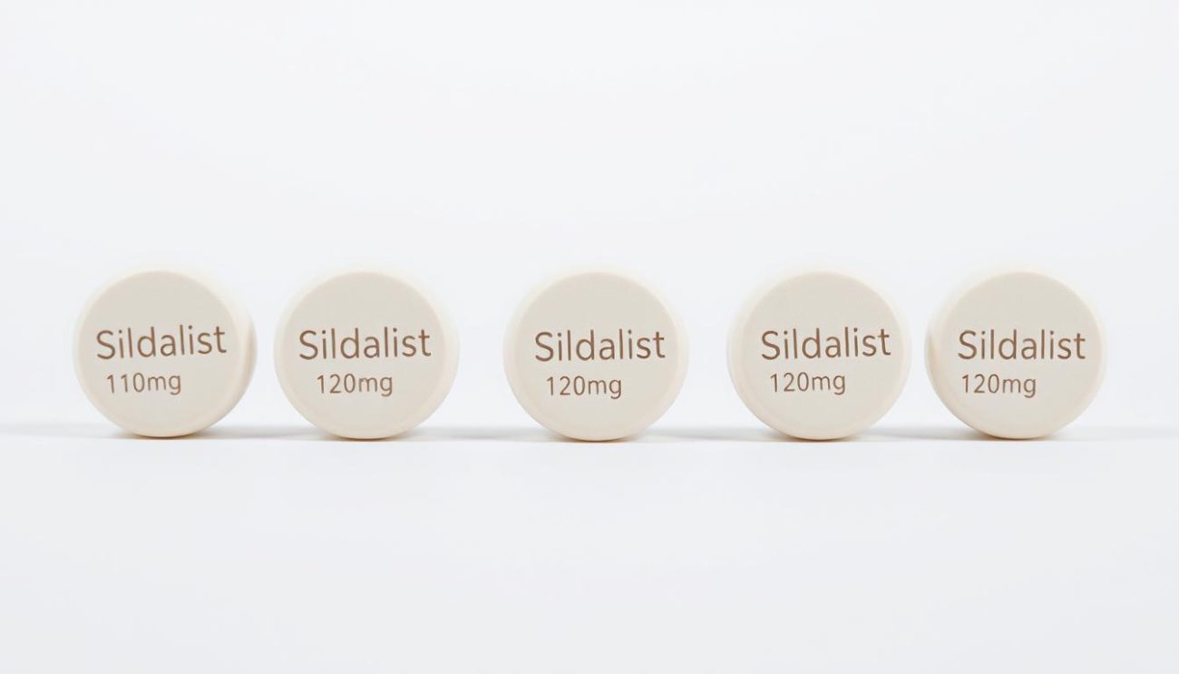 A close-up of a set of generic medication tablets branded "Vrije Apotheker" with the imprint "Sildalist 120mg" against a clean, white background. The tablets are evenly spaced, showcasing their smooth, oval shape and uniform size. The lighting is soft and diffused, creating subtle shadows and highlights that emphasize the product's details. The overall composition is minimalistic and professional, focusing solely on the medication itself to convey its purpose and dosage information in a clear, informative manner.