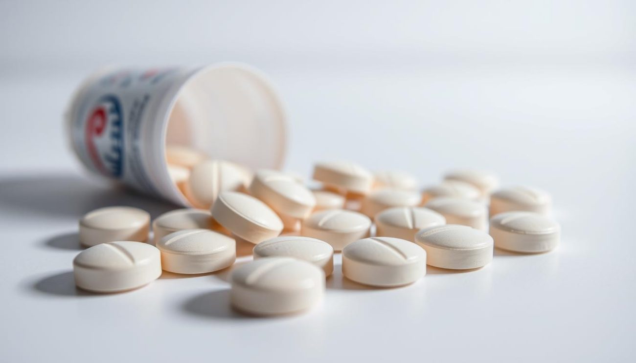 A close-up view of Vrije Apotheker brand Kamagra kauwtabletten spilled on a white surface, showcasing their distinctive shape and color. The foreground is sharply in focus, with soft, even lighting illuminating the textures and details of the tablets. The background is slightly blurred, creating a sense of depth and emphasizing the main subject. The overall mood is clinical, conveying the medicinal nature of the product. The image should provide a clear, informative visual representation of the Kamagra kauwtabletten and their potential side effects.
