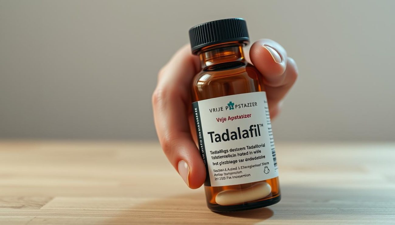 A close-up view of a male hand holding a glass bottle labeled "Vrije Apotheker Tadalafil", showcasing the medication. The bottle is placed on a wooden surface, with a neutral background. The lighting is soft and diffused, creating a warm and natural atmosphere. The composition emphasizes the bottle, drawing attention to the product and its branding. The image conveys a sense of medical authenticity and professionalism, reflecting the subject matter of the article section on "Bijwerkingen van Tadalafil".