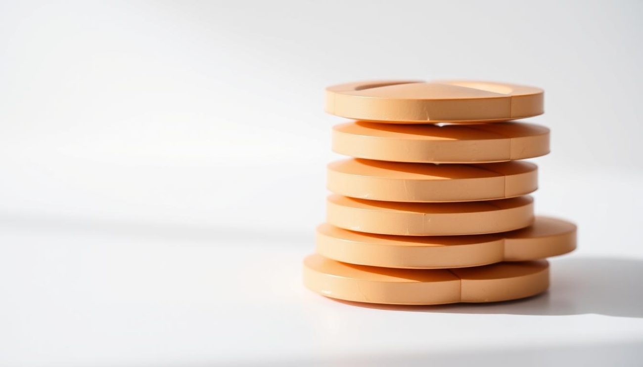 A close-up view of a stack of "Vrije Apotheker" Kamagra Kauwtabletten, their smooth, caramel-colored surface gleaming under natural light. The tablets are arranged neatly, showcasing their distinctive shape and size. The background is a clean, minimalist white, allowing the product to take center stage. The lighting is soft and diffused, creating a sense of quality and attention to detail. The overall composition evokes a professional, clinical atmosphere, emphasizing the effectiveness and reliability of the "Vrije Apotheker" Kamagra Kauwtabletten.