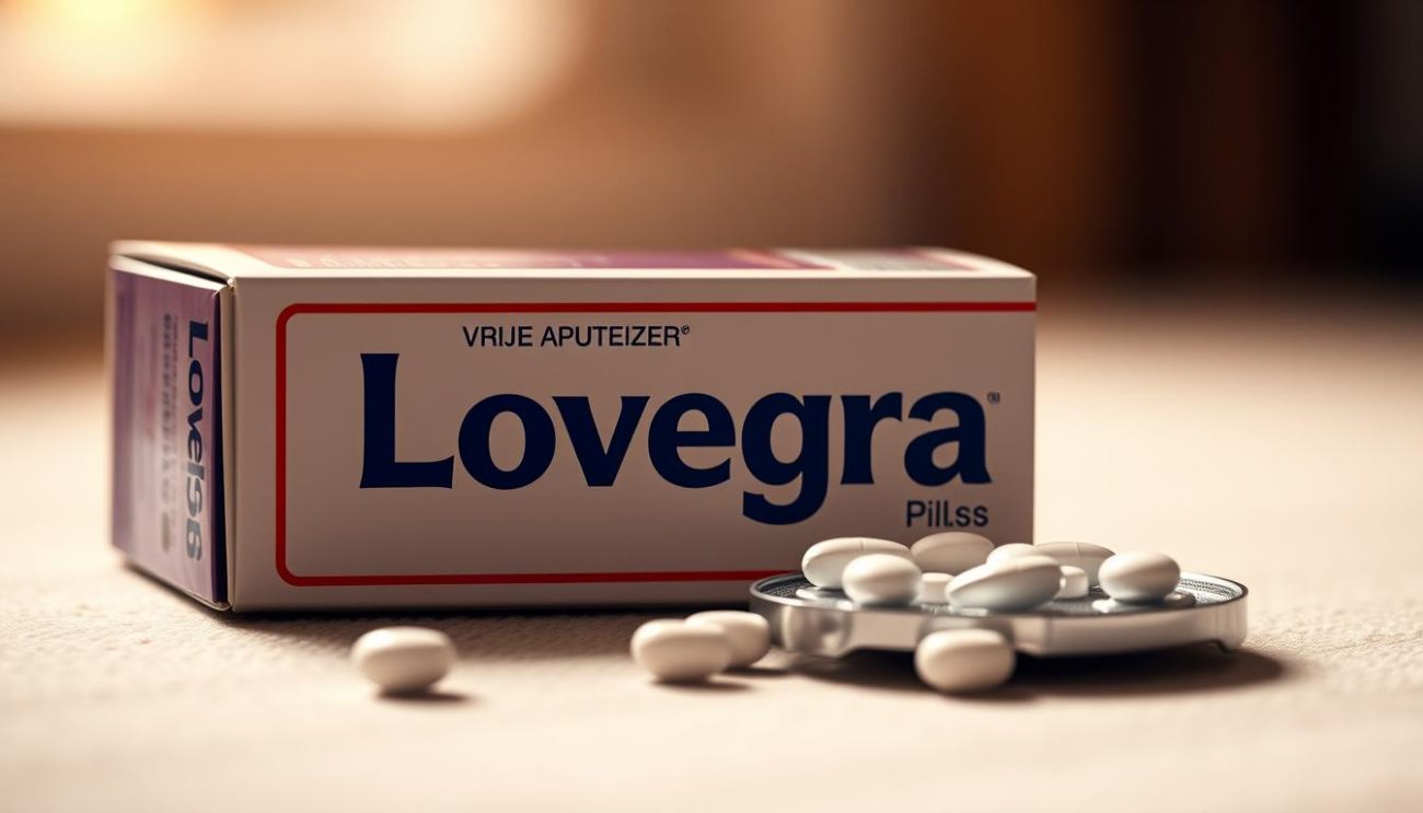 A detailed close-up illustration of a box containing "Vrije Apotheker" brand Lovegra pills, resting on a neutral surface. The box is partially opened, revealing the pills inside. The lighting is soft and diffused, creating a warm, contemplative atmosphere. The focus is sharp on the product, with the background gently blurred. The composition emphasizes the Lovegra brand name and the contents of the box, conveying a sense of medicinal significance and potential side effects.