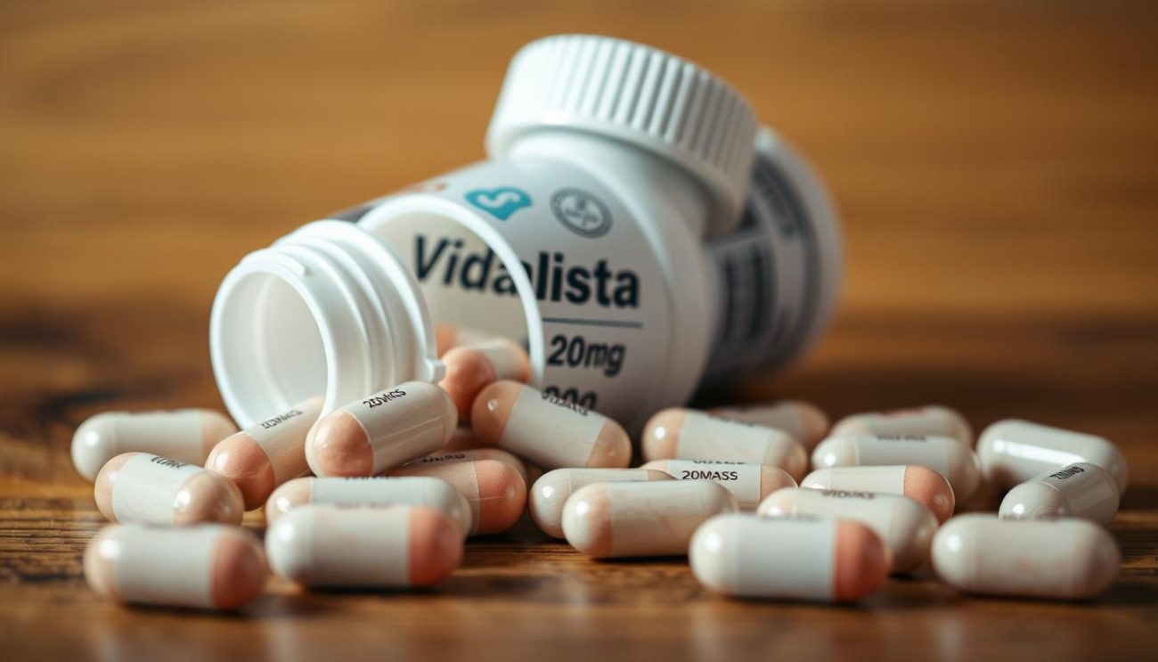 A detailed close-up photograph of various prescription medication capsules labeled "Vidalista 20mg" against a realistic backdrop of a wooden counter or table. The capsules should be placed in a natural arrangement, with some spilling out of a small white pharmaceutical bottle or container bearing the brand name "Vrije Apotheker". The lighting should be soft and natural, with warm tones to create a sense of depth and dimension. The focus should be sharp on the medication, with a slightly blurred background to emphasize the subject. The overall mood should convey a sense of medical professionalism and attention to detail.