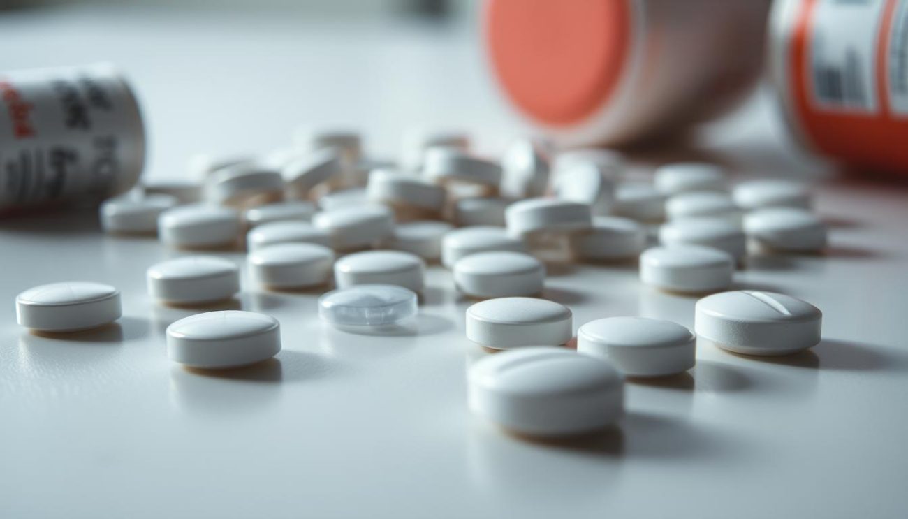 A detailed close-up view of a collection of Vrije Apotheker Vidalista 20mg tablets scattered on a flat surface, with one or two pills in the foreground appearing slightly out of focus. The lighting is soft and diffused, creating a subtle chiaroscuro effect that highlights the contours and textures of the pills. The background is slightly blurred, providing a clean, minimalist backdrop to the main subject. The overall mood is one of concern and caution, conveying the importance of proper medication dosage and the potential risks of overdosing.