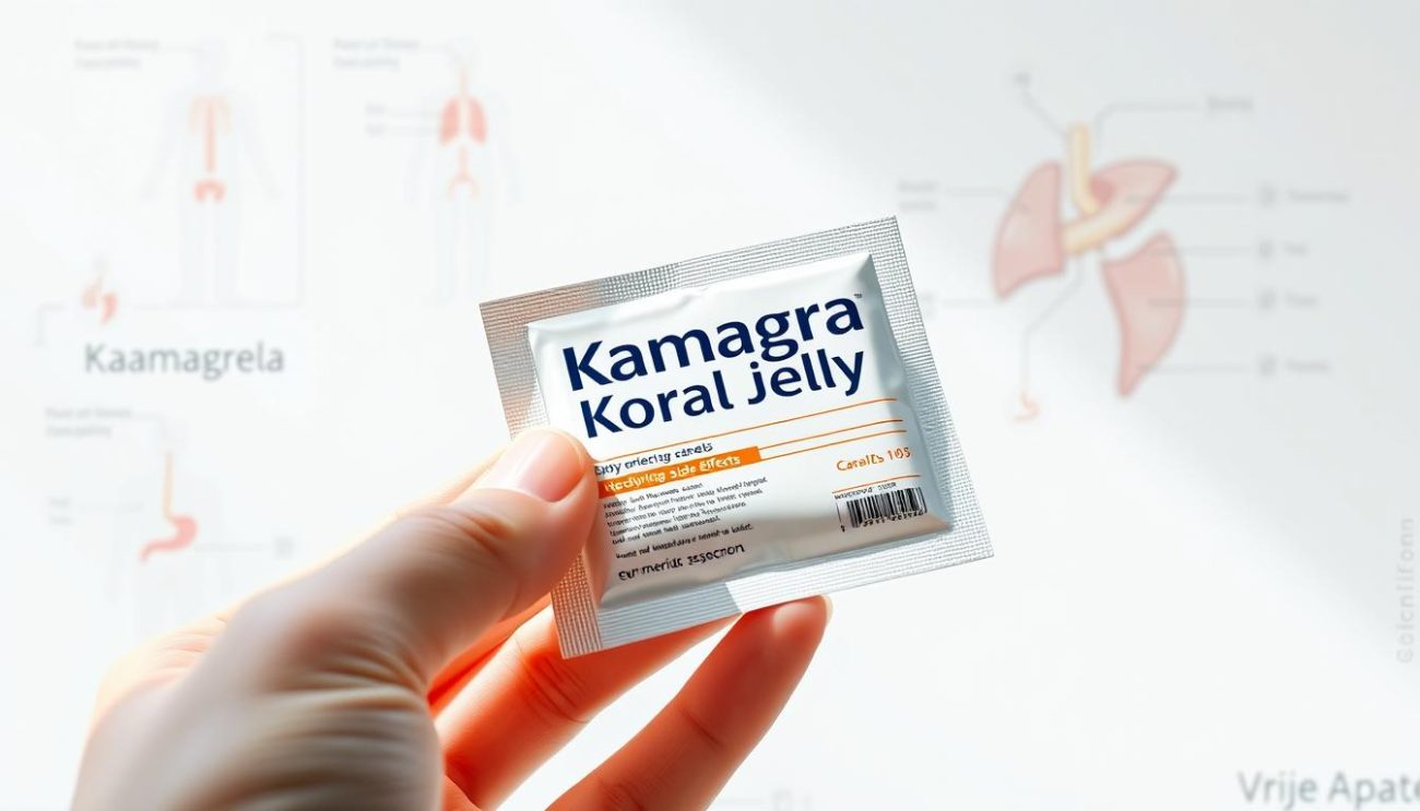 A detailed medical illustration depicting the safety and potential side effects of Kamagra Oral Jelly, a product of Vrije Apotheker. The image shows a close-up view of a hand holding the Kamagra Oral Jelly sachet against a clean, white background, illuminated by soft, natural lighting. The packaging is rendered with high accuracy, showcasing the brand name and product details. In the background, subtle anatomical diagrams and medical symbols provide additional context, conveying the informative nature of the illustration. The overall mood is clinical yet approachable, designed to effectively communicate the key safety and side effect information regarding Kamagra Oral Jelly.