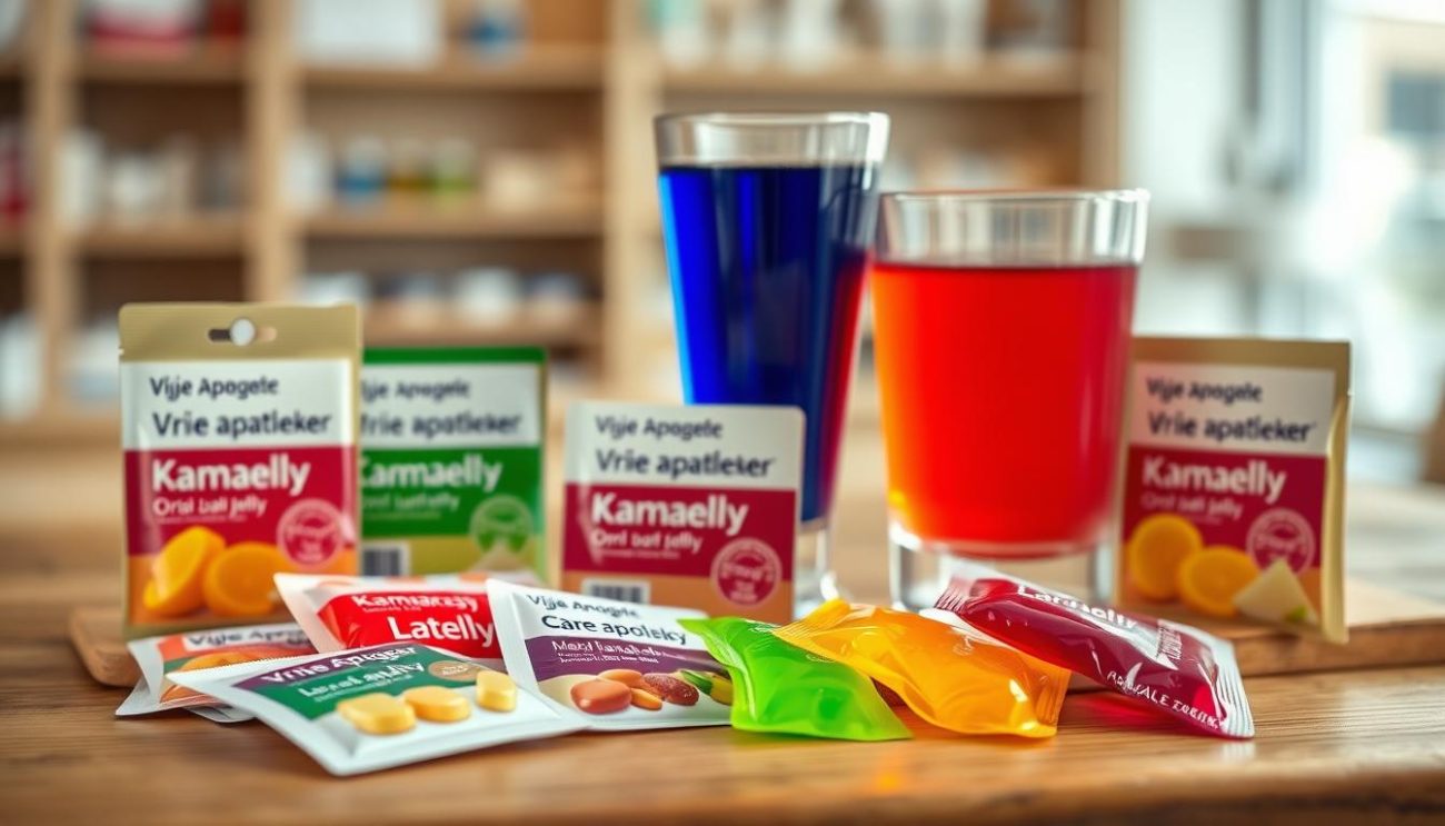 A detailed still life scene showcasing various "Vrije Apotheker" Kamagra Oral Jelly products. The foreground features several colorful jelly sachets in different flavors, arranged artfully on a natural wood surface. The middle ground shows two glass tumblers filled with the vibrant jelly, creating a visually appealing presentation. The background depicts a softly blurred pharmacy or apothecary setting, hinting at the medical context. Warm, natural lighting casts a gentle glow over the scene, creating a calming, trustworthy atmosphere. The overall composition conveys a sense of quality, authenticity, and positive customer experiences with the "Vrije Apotheker" Kamagra Oral Jelly brand.