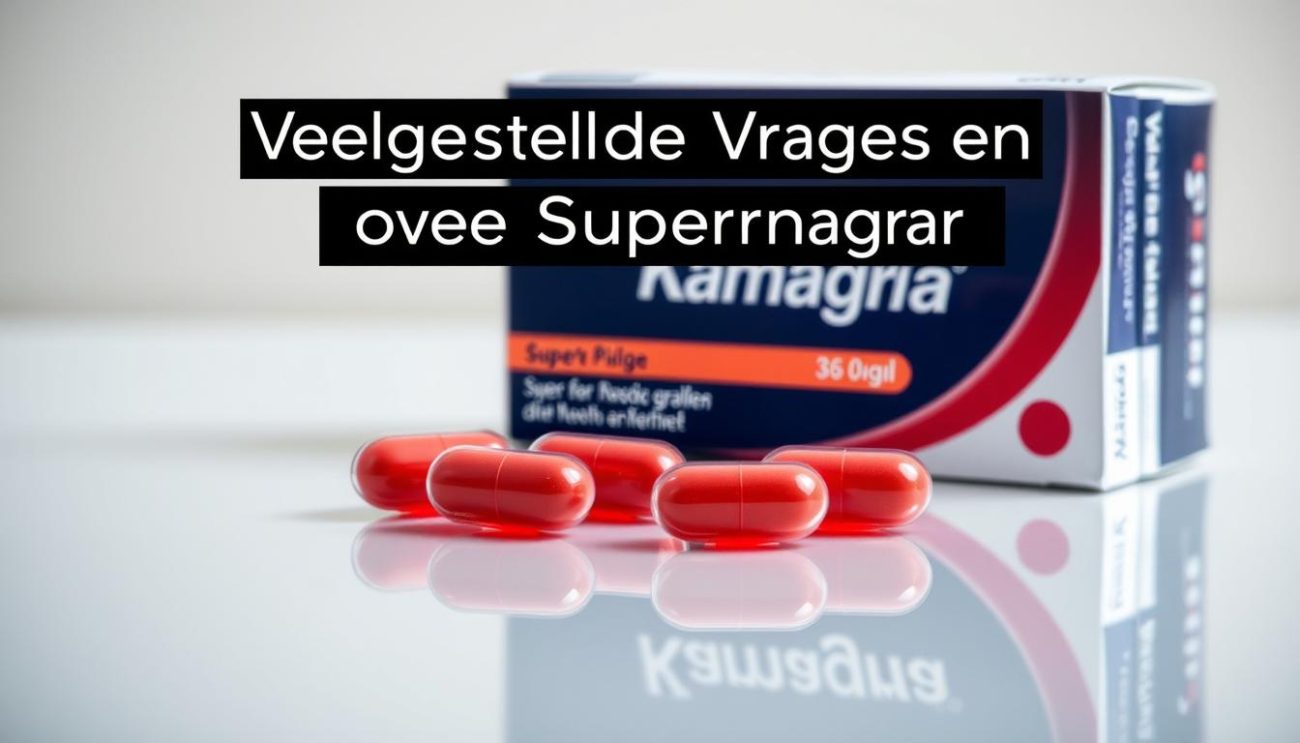 A detailed, well-lit image of the Vrije Apotheker brand's "Super Kamagra" product, showcased on a clean, reflective surface. The foreground features the product packaging, designed with a bold, minimalist aesthetic, its label prominently displaying the brand name and product details. The middle ground showcases the capsules themselves, their shape and color meticulously rendered. The background gently fades into a soft, neutral tone, creating a sense of focus and clarity on the subject matter. The overall mood is professional, informative, and visually appealing, reflecting the nature of the "Veelgestelde Vragen over Super Kamagra" section.