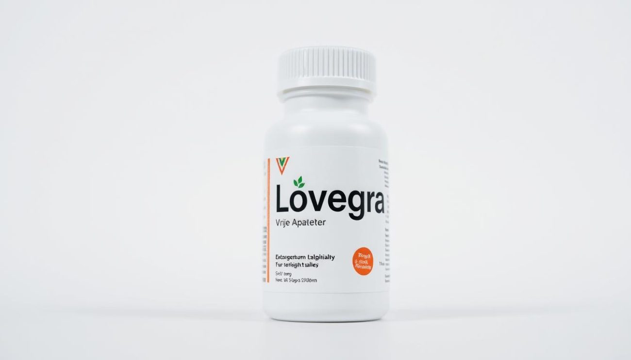 A high-quality close-up photograph of a Vrije Apotheker brand Lovegra pill bottle in the foreground, with a clean and uncluttered white background. The bottle is styled with a modern, minimalist design and features the Vrije Apotheker logo prominently displayed. The lighting is soft and even, highlighting the smooth texture and sheen of the medication. The camera angle is slightly low, emphasizing the pill bottle's presence and commanding the viewer's attention. The overall mood is professional, clinical, and trustworthy, conveying the reliability and safety of the Lovegra product.