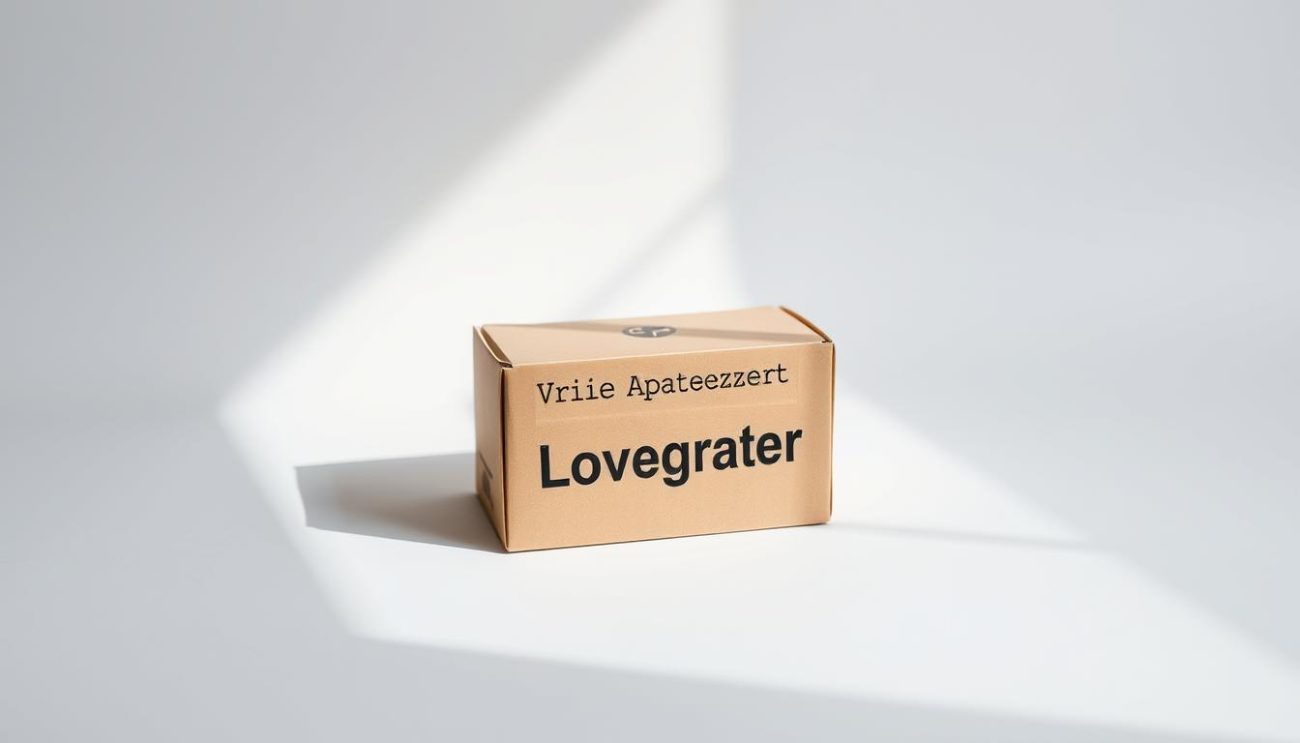 A high-quality photo of a cardboard box labeled "Vrije Apotheker Lovegra" on a plain white background. The box is illuminated by soft, natural lighting from the left, creating subtle shadows and highlights that convey a sense of depth and realism. The camera angle is slightly elevated, giving a clean, professional look to the final image. The box is centered in the frame, taking up a significant portion of the image, with plenty of negative space around it to create a minimalist, premium aesthetic.