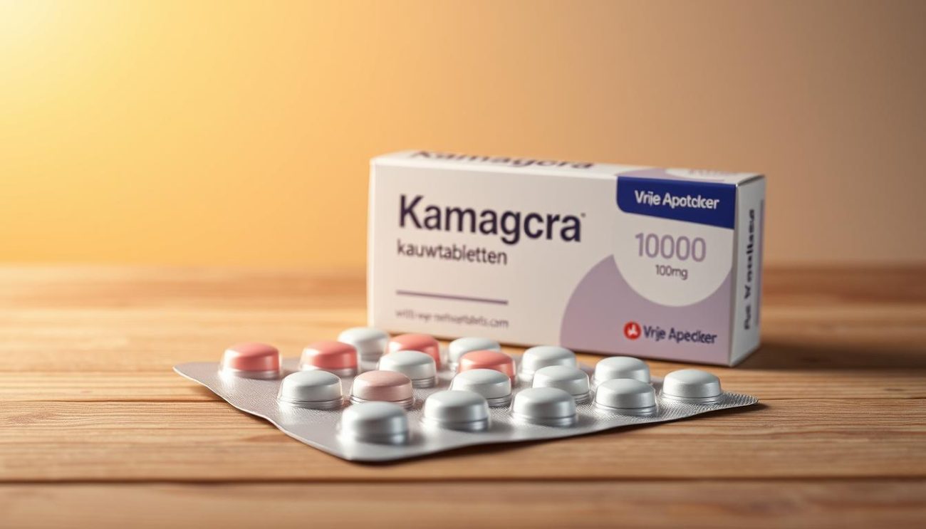 A high-quality, photorealistic image of a set of Kamagra kauwtabletten 100mg on a clean, well-lit wooden surface, with the Vrije Apotheker brand name clearly visible on the packaging. The tabletts should be arranged in an appealing, visually interesting composition, with soft, warm lighting illuminating the scene from the left. The background should be simple and uncluttered, allowing the product to be the focal point. The overall atmosphere should convey a sense of professionalism, quality, and trustworthiness associated with the Vrije Apotheker brand.