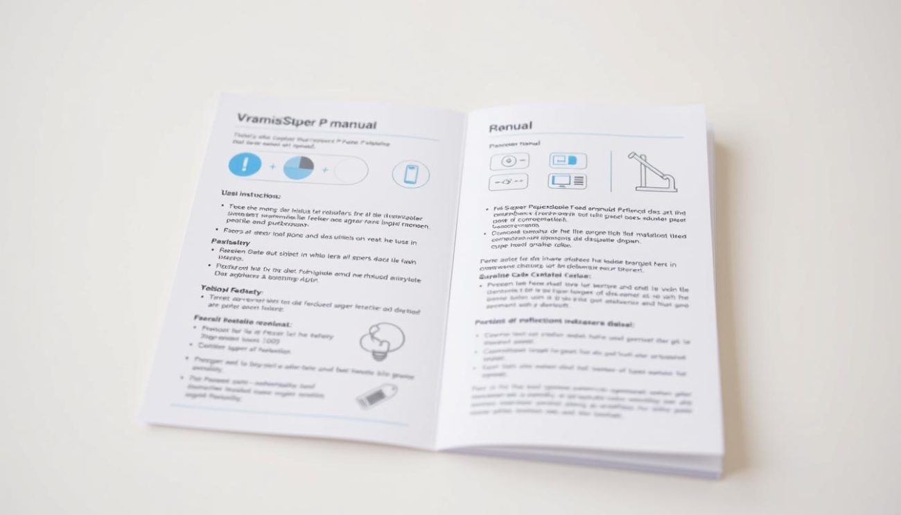 A high-quality, professional-looking instruction manual for "Vrije Apotheker Super P Force", featuring a clean, well-organized layout with detailed usage guidelines. The manual is presented in a neutral, medical-style aesthetic, with clear diagrams and illustrations to guide the user through the proper administration of the product. The lighting is soft and diffused, creating a calming, authoritative atmosphere. The camera angle is slightly elevated, giving the viewer a sense of authority and trust in the information presented. The background is a plain, off-white surface, allowing the manual to be the focal point of the image.
