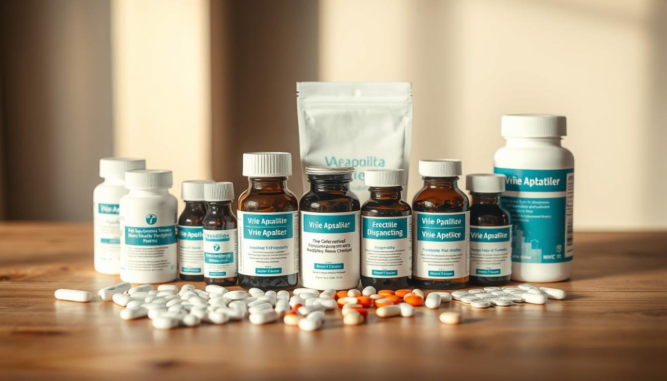 A high-resolution image of various alternative erectile dysfunction medications neatly arranged on a wooden table, with a clear focus on the "Vrije Apotheker" brand. The image should have soft, warm lighting, creating a natural and inviting atmosphere. The medications should be displayed in an organized and visually appealing manner, with attention to detail in the styling and composition. The background should be a neutral, uncluttered setting, allowing the products to be the primary focus of the image.