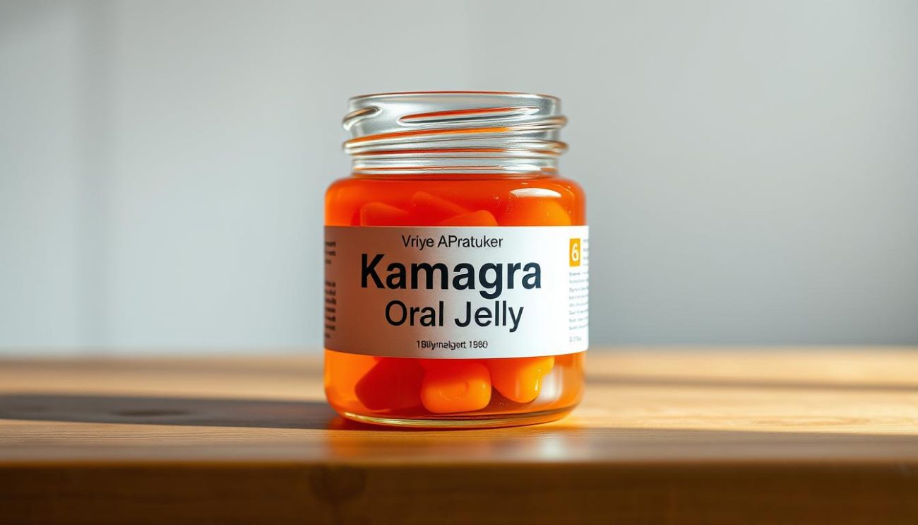 A high-resolution, photorealistic image of Kamagra Oral Jelly in a glass jar on a wooden table, with the "Vrije Apotheker" brand name visible. The jar is filled with the distinctive orange jelly, and the lighting is warm and natural, creating a soft, inviting atmosphere. The image focuses on the product, with a clean, minimalist background that allows the Kamagra Oral Jelly to be the central focus. The overall composition is balanced and visually appealing, capturing the essential details of the product in a way that supports the section title "Kamagra Oral Jelly en bijwerkingen".