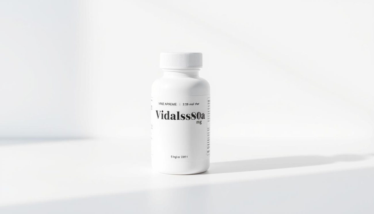 A pristine white pharmaceutical bottle labeled "Vrije Apotheker Vidalista80mg" stands prominently on a clean, minimalist surface. The bottle casts a soft, natural shadow, indicating gentle, directional lighting. The composition is balanced, with the bottle occupying the foreground, creating a sense of focus and clarity. The background is a muted, neutral tone, allowing the product to be the central point of interest. The overall mood is one of professionalism, quality, and reliability, reflecting the subject of the article's section on the safety of Vidalista80mg.