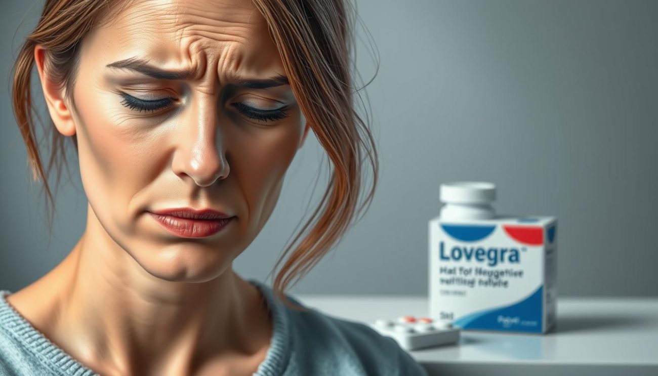 A realistic, medical illustration of "lovegra bijwerkingen" for the section "De Negatieve Lovegra Ervaringen" in the article "Lovegra Ervaringen Eerlijke Blik op Vrouwelijke Seksuele Gezondheid". The image depicts a woman experiencing side effects from the medication "Vrije Apotheker Lovegra", including headache, flushing, and nausea. The foreground shows the woman's face with an expression of discomfort, the middle ground features the medication packaging, and the background has a muted, clinical tone. The lighting is soft and natural, captured with a high-resolution DSLR camera at a slight angle to convey a sense of empathy. The overall mood is informative yet sympathetic, reflecting the sensitive nature of the subject matter.