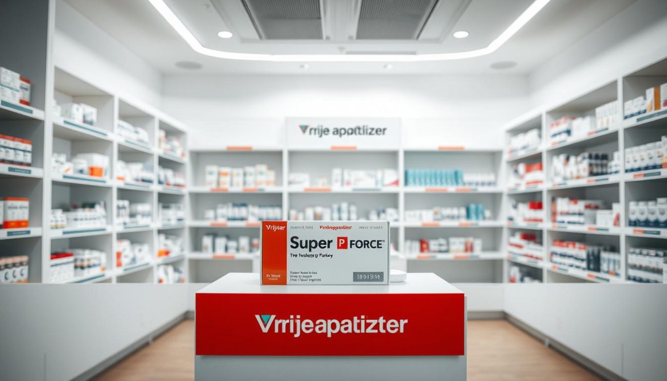 A serene, minimalist pharmacy interior with the Vrije Apotheker branding prominently displayed on the counter. Soft, natural lighting illuminates the clean, modern shelves stocked with neatly arranged pharmaceutical products. The focus is on a box of "Super P Force" medication, its packaging rendered in crisp detail. The overall atmosphere conveys professionalism, reliability, and attention to customer care.