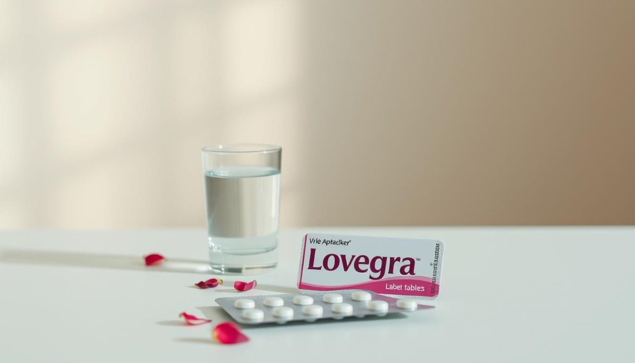 A serene, softly-lit studio setting with a table in the foreground. On the table, a glass of water and a blister pack of "Vrije Apotheker" Lovegra tablets, along with a few scattered petals. The background is a clean, minimal space with subtle textures and muted colors, creating a calming, professional atmosphere. The lighting is diffused and flattering, capturing the products in a warm, inviting manner. The overall composition is balanced and visually appealing, highlighting the Lovegra brand and conveying a sense of quality and trustworthiness.