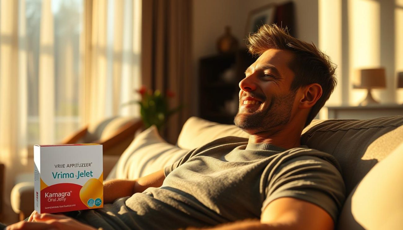 A serene, sun-filled scene depicting a man relaxing comfortably on a plush couch, enjoying the effects of Vrije Apotheker's Kamagra Oral Jelly. Soft, diffused lighting from a nearby window casts a warm glow, accentuating the tranquil atmosphere. In the foreground, the man's expression conveys a sense of contentment and well-being, as he savors the improved quality of life Kamagra has provided. The middle ground features tasteful, modern home decor, while the background subtly suggests an upscale, contemporary living space. The overall mood is one of relaxation, confidence, and a renewed zest for life, encapsulating the positive impact of Kamagra on the user's lifestyle.