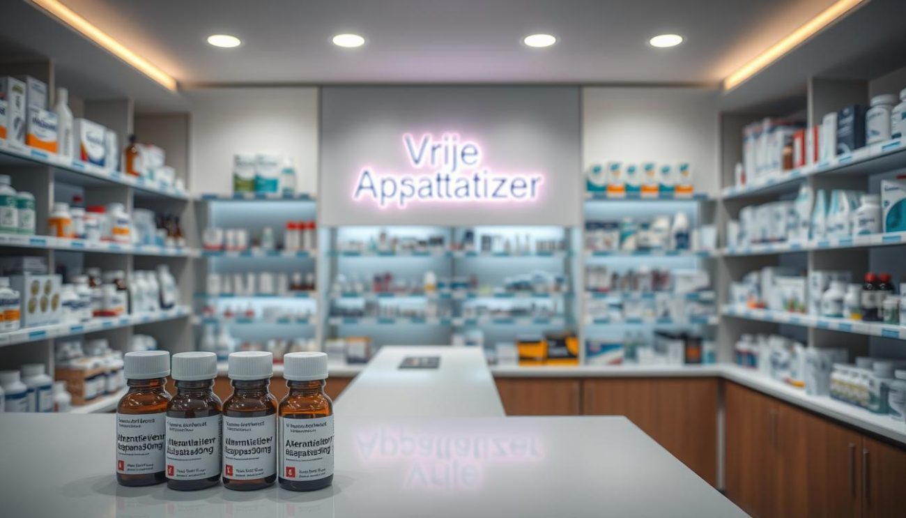 A sleek and modern pharmacy counter, well-stocked with various medicine bottles and packages. The "Vrije Apotheker" logo is prominently displayed, conveying a sense of trust and professionalism. In the foreground, several bottles labeled "Alternatieven voor Vidalista40mg" are highlighted, showcasing the range of alternatives available. The lighting is soft and warm, creating a welcoming atmosphere. The shelves behind the counter are neatly organized, with a variety of pharmaceutical products visible. The overall scene evokes a reliable and well-equipped medical establishment, catering to the needs of health-conscious consumers.