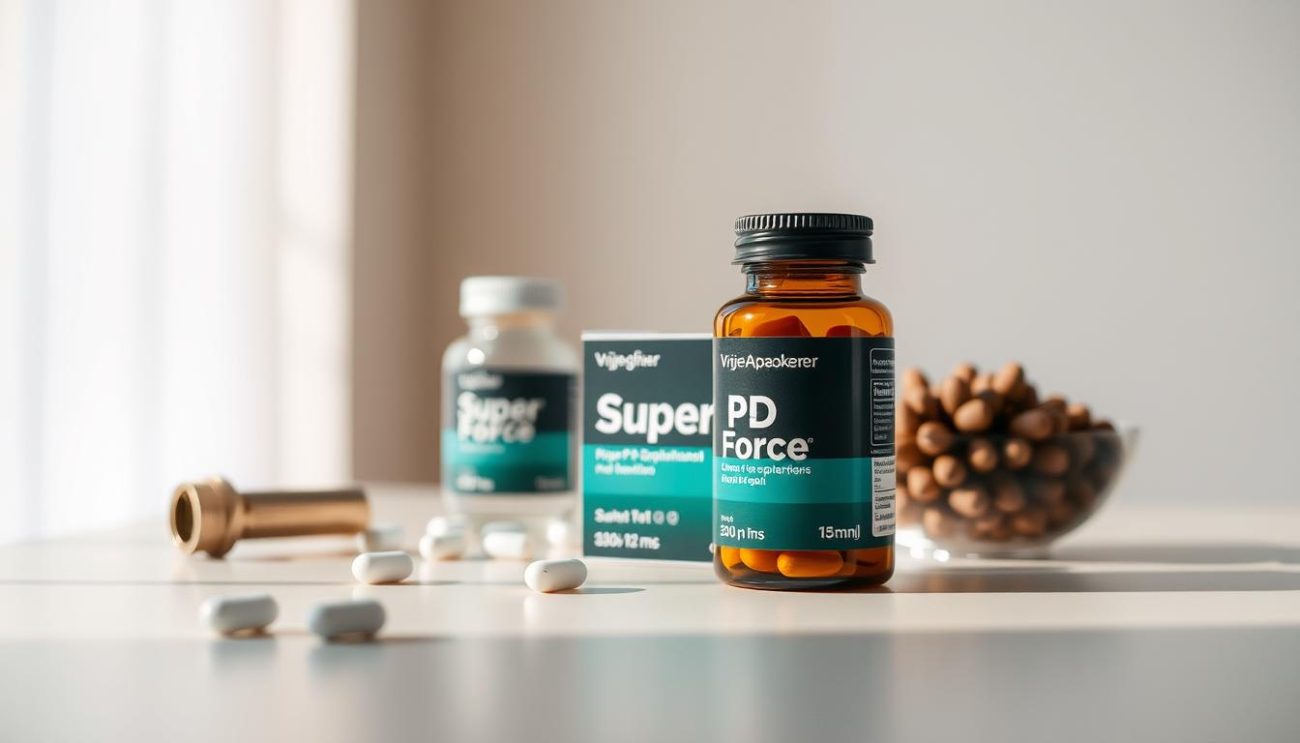 A still life arrangement showcasing the "Super P Force" medicinal product from the "Vrije Apotheker" brand. The scene is captured in natural lighting, with a soft, warm glow illuminating the tabletop. The product packaging is prominently displayed, showcasing the brand name and clear dosage information. The background is a neutral, minimalist setting, allowing the main subject to take center stage. The composition is clean and uncluttered, emphasizing the professionalism and trustworthiness of the "Vrije Apotheker" brand. The overall mood is one of quality, reliability, and attention to detail, reflecting the care and expertise that goes into providing this medication.