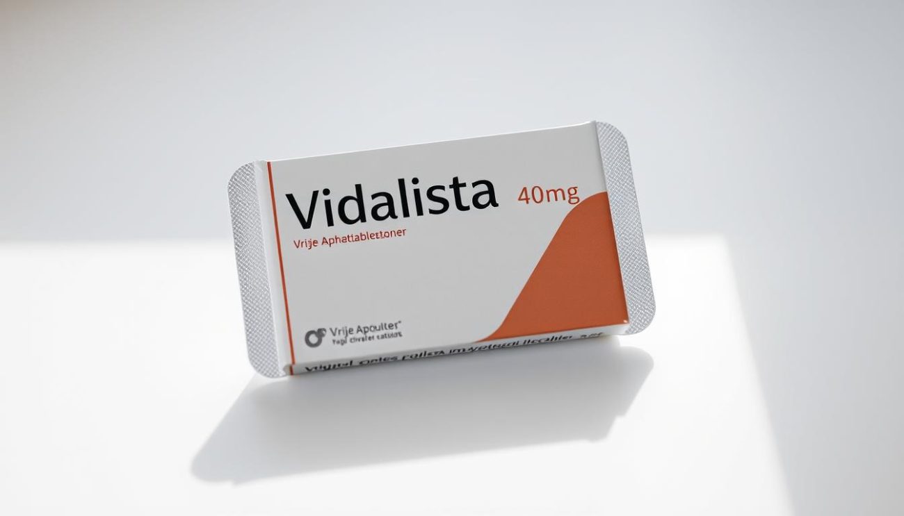 A well-lit, high-resolution photograph of a package of Vidalista 40mg medication from the Vrije Apotheker brand. The package is placed on a clean, white surface, casting a soft shadow. The lighting is diffused and natural, highlighting the muted, earthy colors of the packaging. The composition is balanced, with the package centered and filling a significant portion of the frame. The background is slightly blurred, creating a sense of depth and focus on the product. The overall mood is professional, clinical, and informative, suitable for illustrating the costs and details of this particular medication.