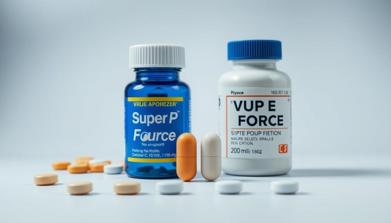 A well-lit, high-resolution side-by-side comparison of the popular ED medication Super P Force against the Vrije Apotheker brand. The foreground showcases the two pill bottles, one vibrant blue and the other a neutral tone, highlighting their distinct appearances. The middle ground presents the pills themselves, contrasting their shapes, sizes, and textures. In the background, a minimalist backdrop with subtle grid lines or graph paper patterns, creating a sense of scientific analysis and evaluation. The lighting is soft and diffused, emphasizing the details and inviting closer inspection. The overall mood is one of clinical objectivity, allowing the viewer to assess the differences between the two products.