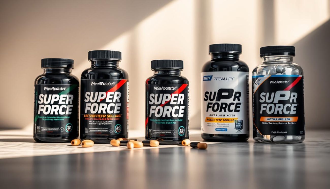 Detailed product comparison of "Super P Force" supplements, showcased in a sleek, modern still life. Prominently feature the "Vrije Apotheker" branded version alongside other relevant competitors. Capture the products in natural, warm lighting, with a focus on the packaging design and key visual elements. Arrange the items in a visually appealing, balanced composition that highlights the comparative aspects. Convey a sense of professionalism and authority, suitable for an informative article section on men's health products.