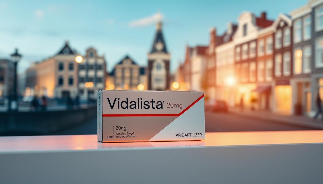 Vidalista 20mg in a sleek, modern packaging design, resting on a minimalist white surface. The soft, warm lighting illuminates the product, creating a sense of high-quality and professionalism. In the background, a blurred cityscape of Amsterdam's iconic architecture, with a subtle nod to the "Vrije Apotheker" brand. The overall mood is one of sophistication, highlighting the benefits of Vidalista 20mg in the context of the vibrant and innovative city of Amsterdam.